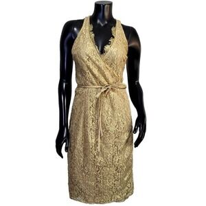 Chetta B Evening Dress Womens 8 Gold Lace‎ Wrap Cocktail Party Sheath Formal